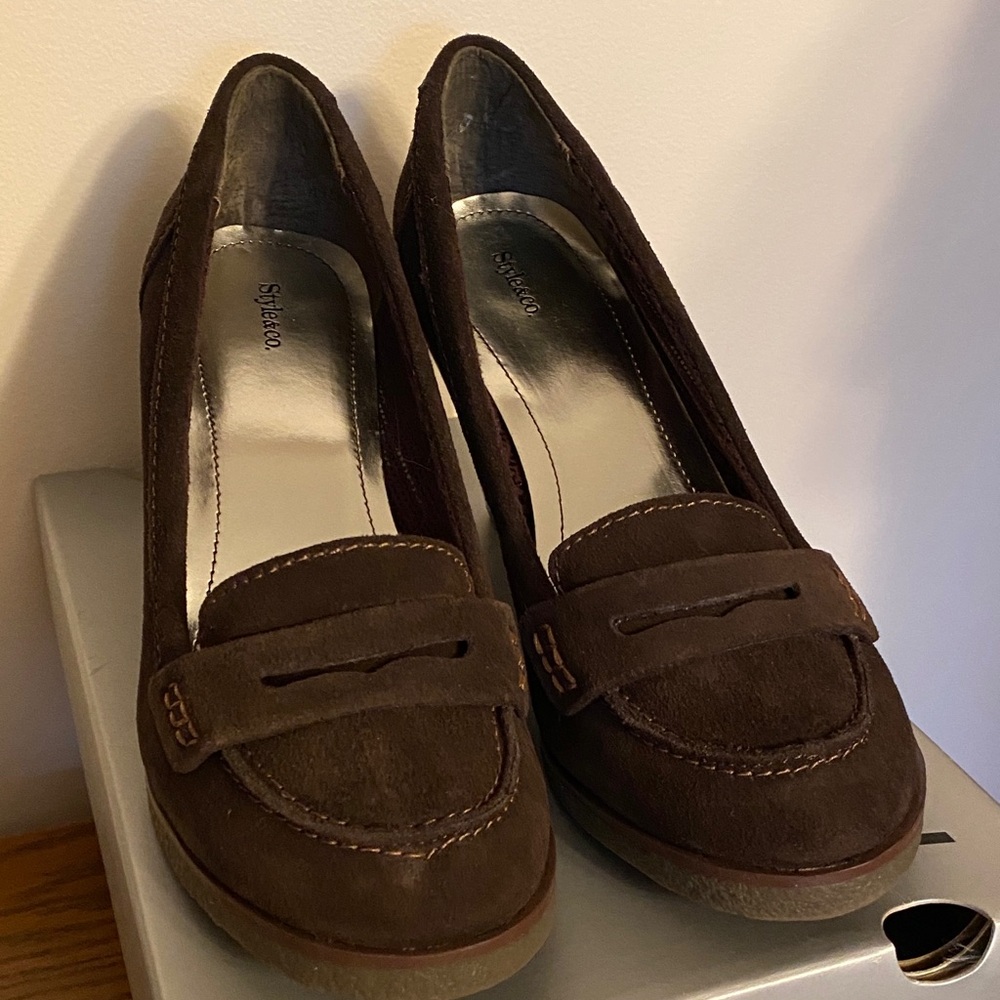 Brown suede penny loafer heels